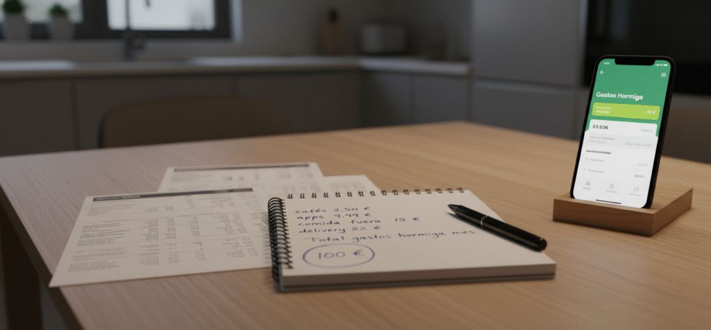 Identificación de gastos hormiga diarios para ahorrar 100 euros al mes: cafés, apps y comida fuera