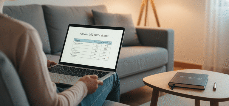 Cómo ahorrar 100 euros al mes sin esfuerzo: métodos prácticos Persona planificando cómo ahorrar 100 euros al mes con tabla de presupuesto y calculadora