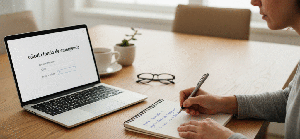 calculo-fondo-emergencia-gastos-esenciales-mensuales.jpg Calculadora y hoja con cálculo de gastos esenciales mensuales para fondo de emergencia