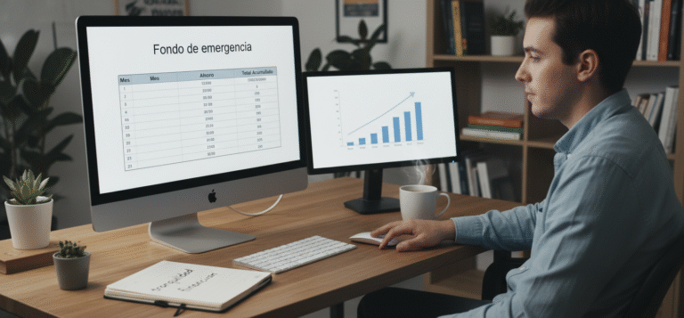 Qué es el fondo de emergencia y cómo construirlo en 2026 Persona planificando fondo de emergencia con gráfico de crecimiento de ahorro mensual