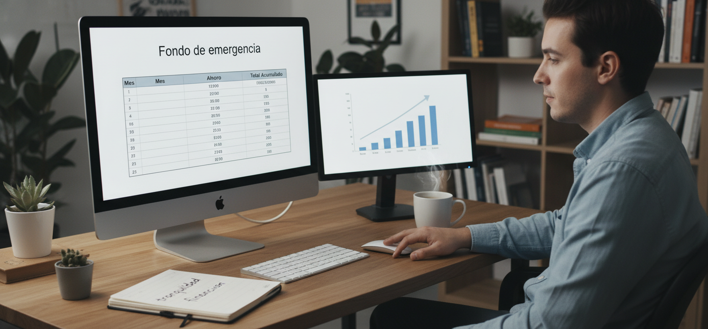 Qué es el fondo de emergencia y cómo construirlo en 2026 Persona planificando fondo de emergencia con gráfico de crecimiento de ahorro mensual
