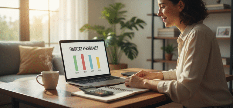 Persona organizando finanzas personales con gráficos de presupuesto en portátil y calculadora