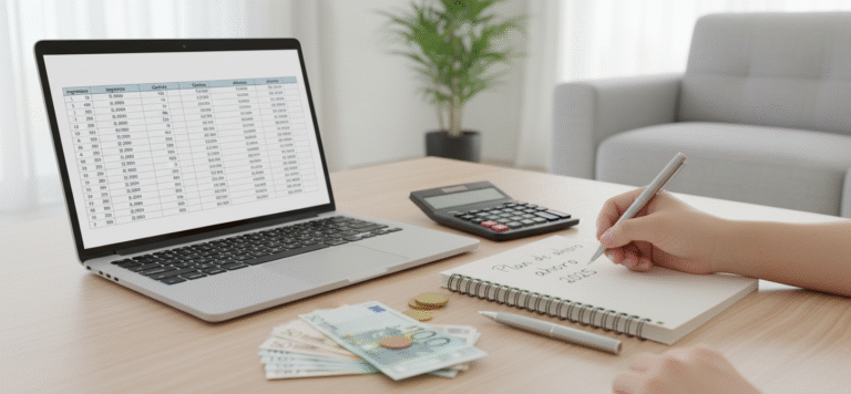 Guía completa para ahorrar dinero Persona planificando presupuesto mensual con calculadora y hoja de cálculo para ahorrar dinero