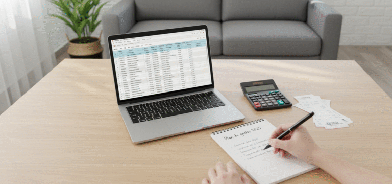 Cómo reducir tus gastos (sin vivir amargado) Persona planificando reducción de gastos mensuales con calculadora y hoja de presupuesto