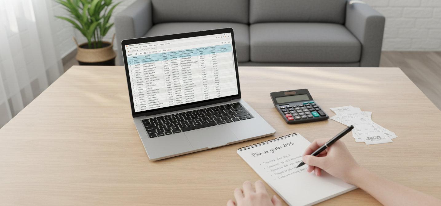 Cómo reducir tus gastos (sin vivir amargado) Persona planificando reducción de gastos mensuales con calculadora y hoja de presupuesto