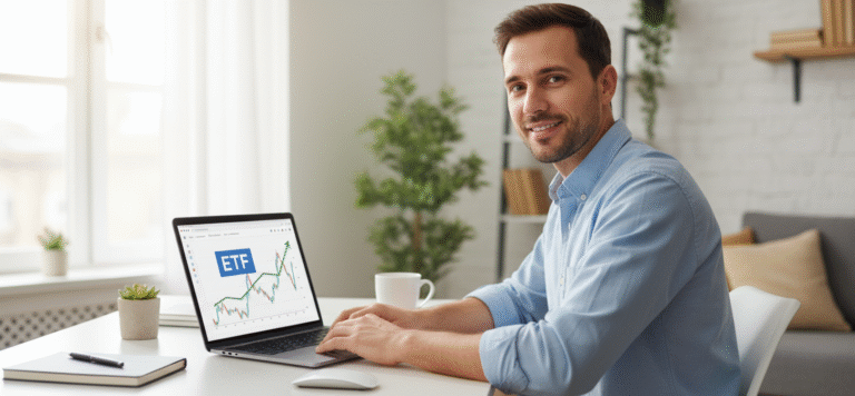 Cómo empezar a invertir en ETF (educativo) Inversor principiante aprendiendo a invertir en ETF con ordenador mostrando gráficos de índices bursátiles