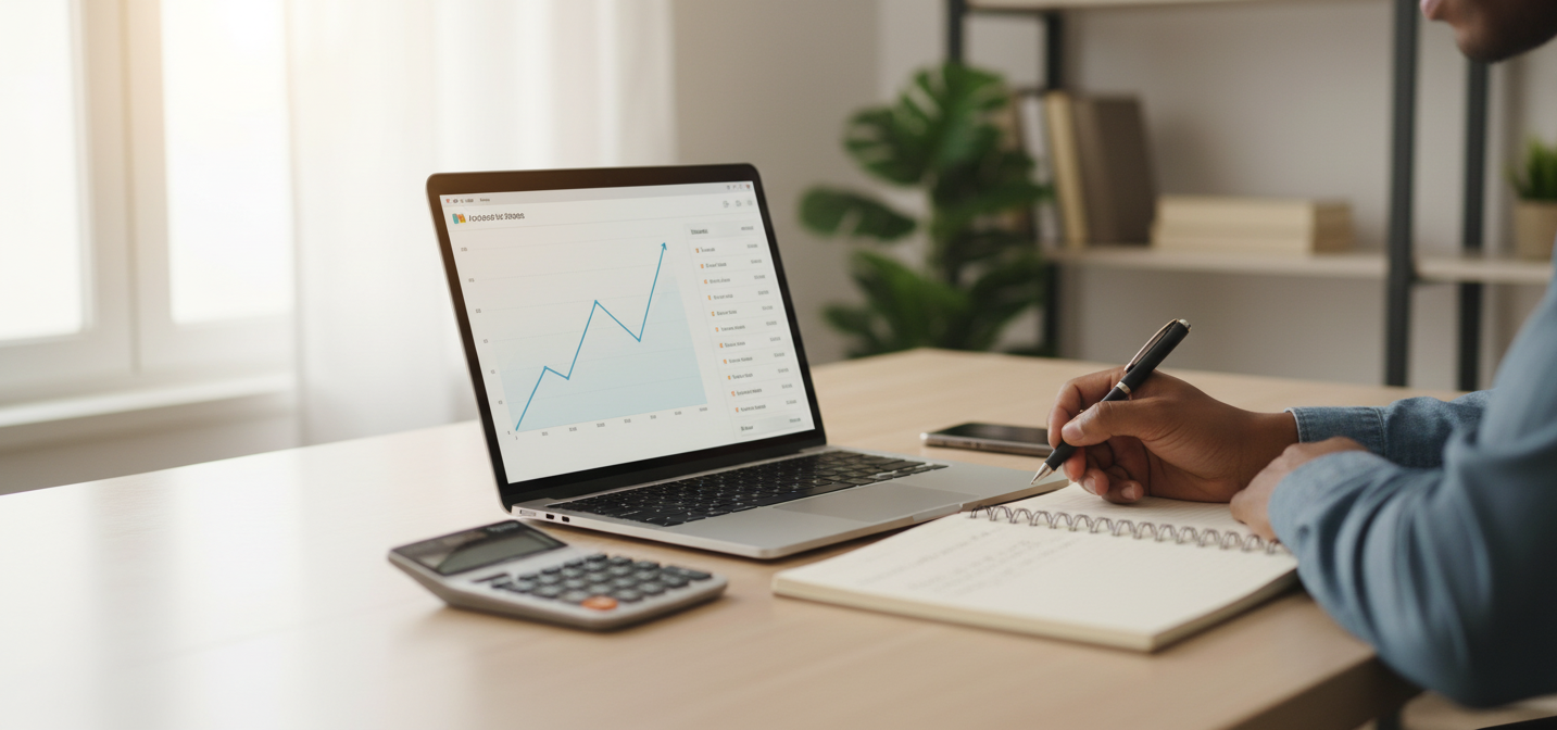 Inversor principiante analizando gráficos de fondos de inversión en ordenador con calculadora y cuaderno