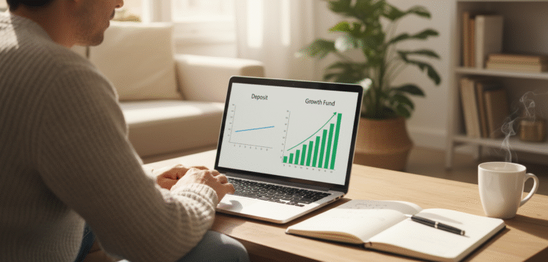Comparativa visual entre fondos de inversión y depósitos bancarios en España 2026 con gráficos de rentabilidad en ordenador