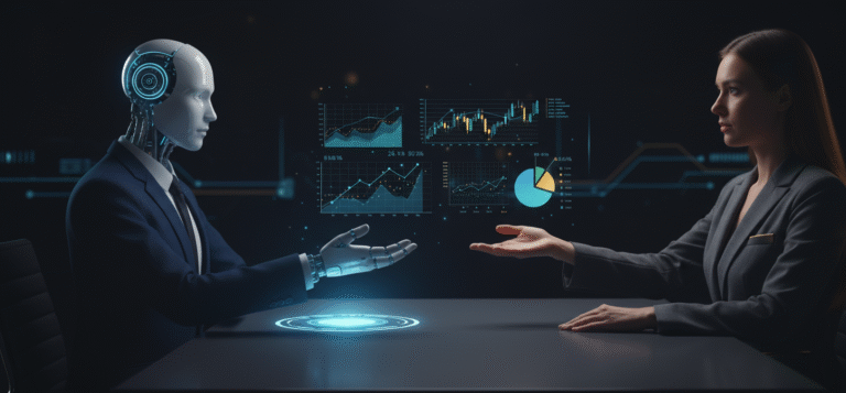 Comparativa visual entre robo-advisor automatizado y gestor tradicional humano con gráficos de inversión