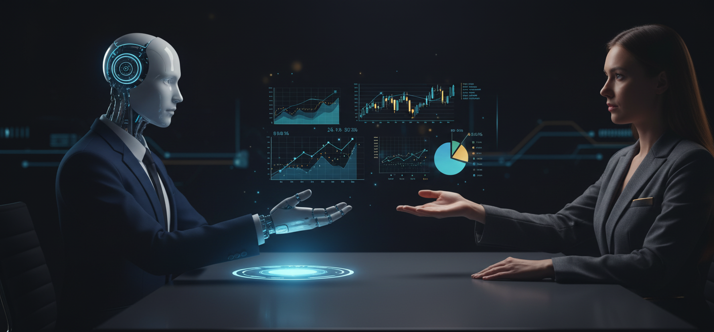 Comparativa visual entre robo-advisor automatizado y gestor tradicional humano con gráficos de inversión