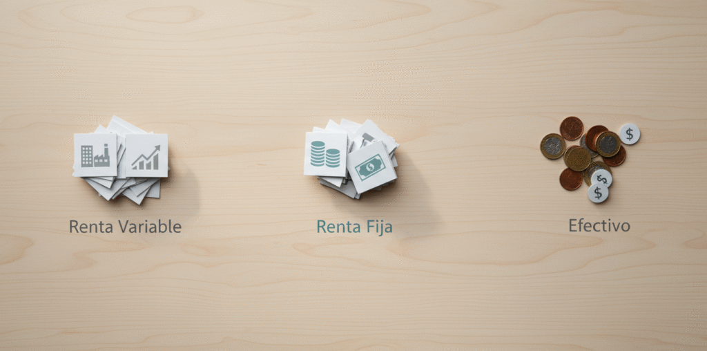 Infografía explicativa de tipos de activos básicos: renta variable, renta fija y efectivo para carteras de inversión