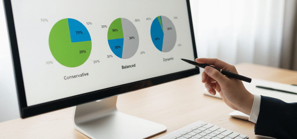 Tabla comparativa de asignación de activos según perfil de riesgo y horizonte temporal
