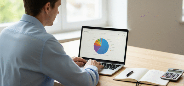 Inversor novato analizando en portátil cómo construir una cartera diversificada con gráficos de distribución de activos