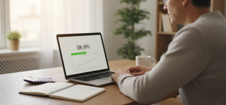 Persona trabajando en laptop analizando estrategia de inversión con mentalidad FIRE para independencia financiera