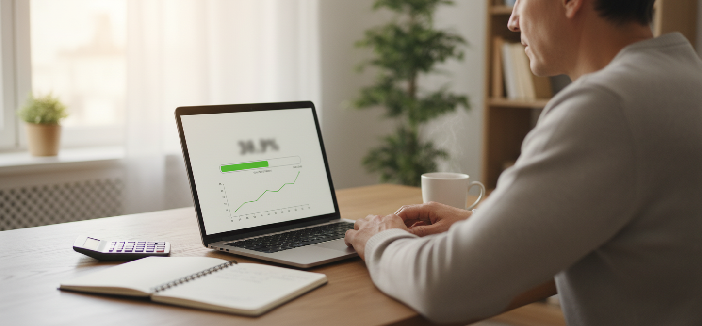 Cómo invertir con mentalidad FIRE (Financial Independence Retire Early) Persona trabajando en laptop analizando estrategia de inversión con mentalidad FIRE para independencia financiera