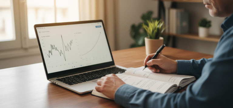 Principiante analizando gráficos de inversión cometiendo errores comunes y cómo evitarlos para proteger capital