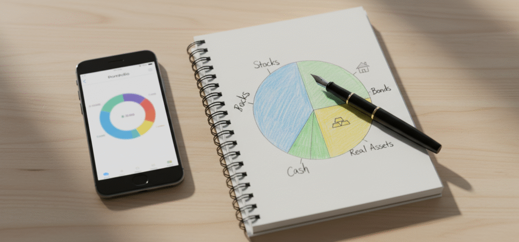 Diagrama de estrategias de inversión para proteger el patrimonio contra la inflación: diversificación y activos reales