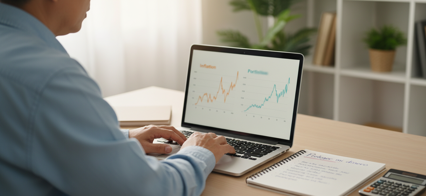 Inversor analizando el impacto de la inflación en su cartera de inversiones con gráficos comparativos