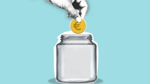 Tarjeta para adolescentes: ilustración de una mano que deja una moneda de euro en un bote de cristal, como la paga semanal