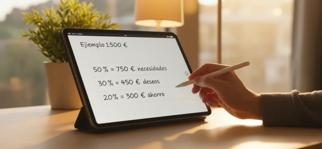 Ejemplo del método 50/30/20 con 1.500 euros: 750 euros de necesidades, 450 de deseos y 300 de ahorro