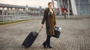 Tarjetas para viajar sin comisiones: viajera con maleta y pasaporte saliendo del aeropuerto